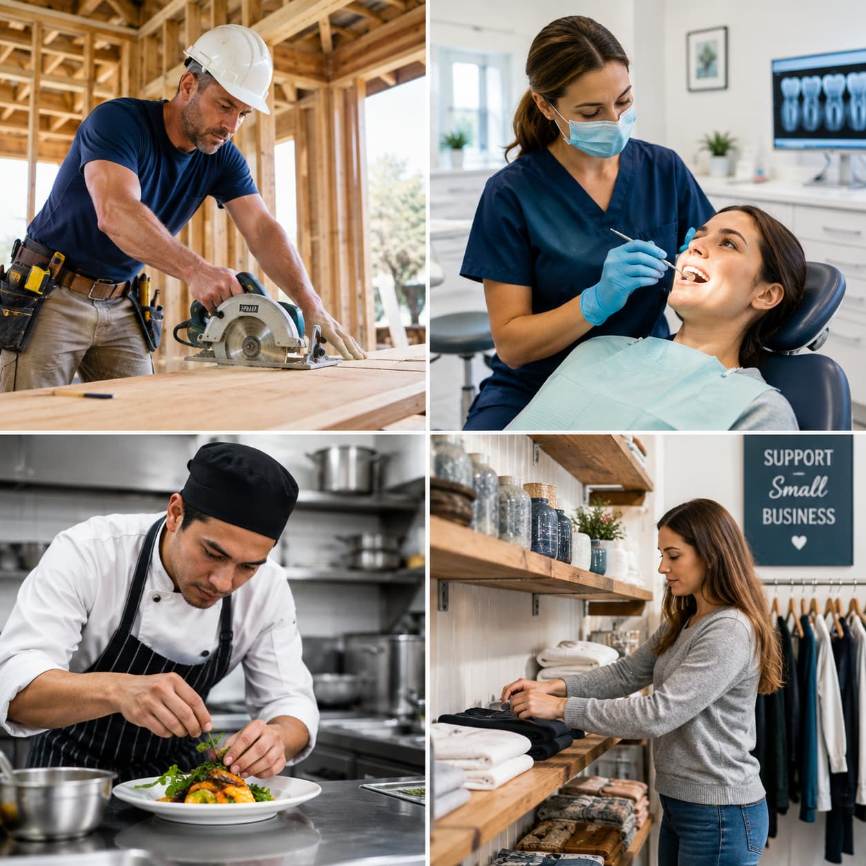 Four-panel image showing a small-business contractor, dental hygienist treating a patient, chef plating food, and boutique owner arranging merchandise.