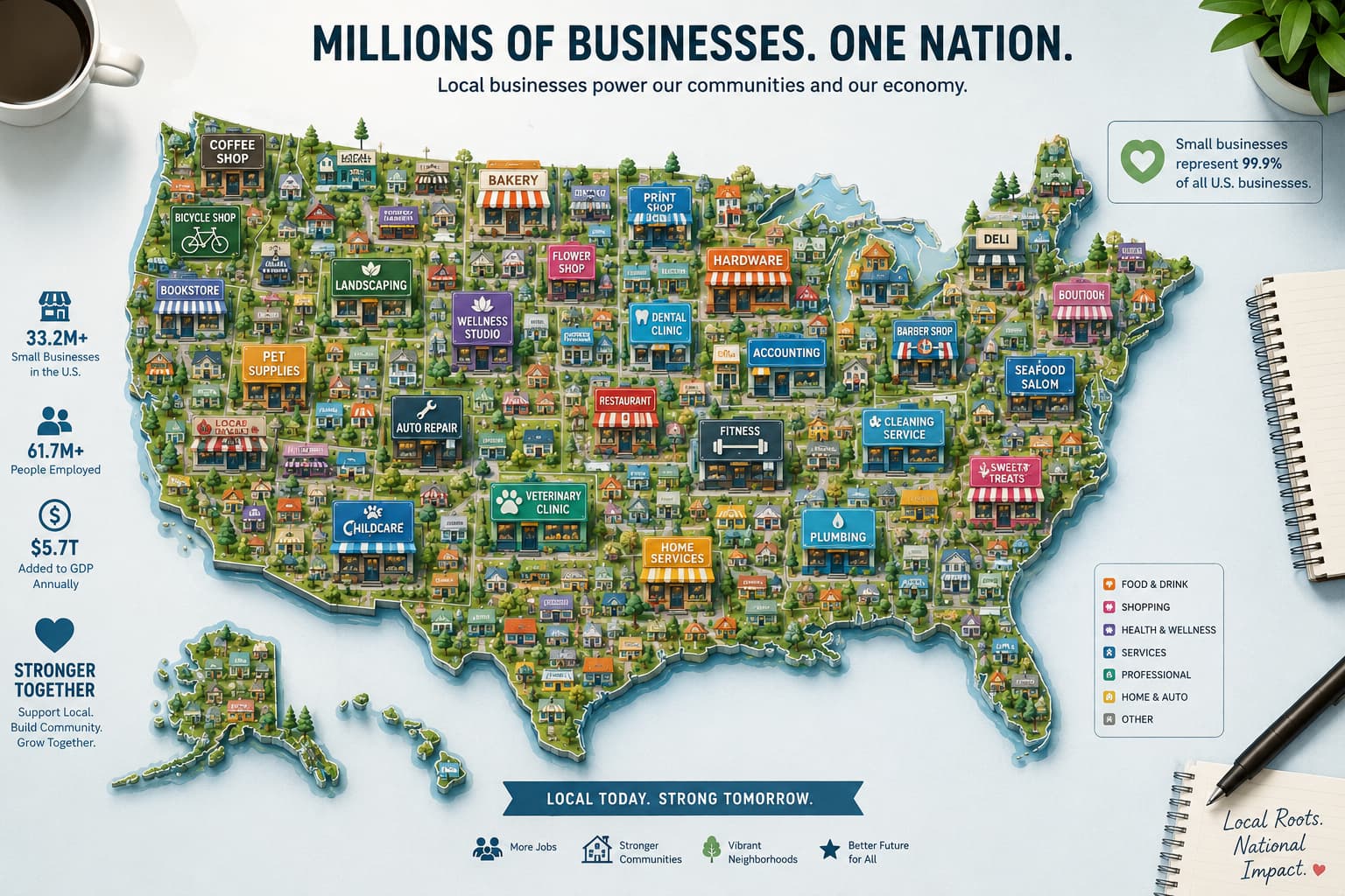 Illustrated U.S. map filled with small business storefronts, including bakeries, bookstores, restaurants, retail shops, healthcare providers, and local service businesses.