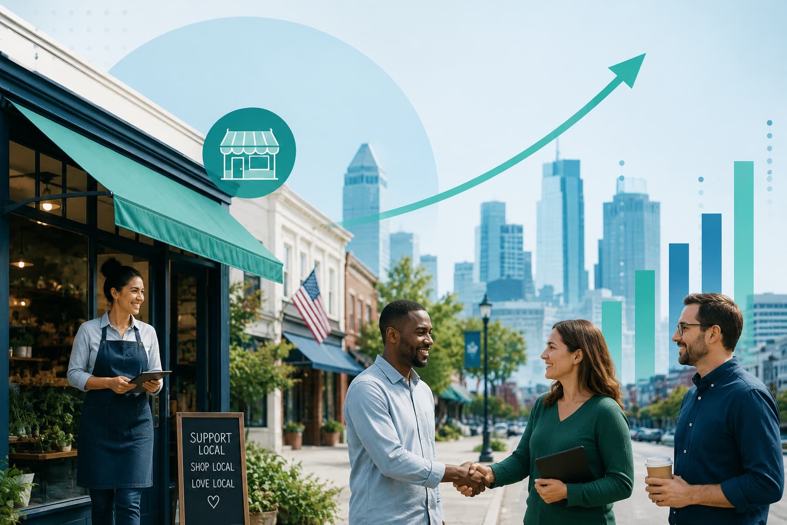 Small business owners and professionals in a U.S. business district with a city skyline and upward growth graphics representing economic impact.