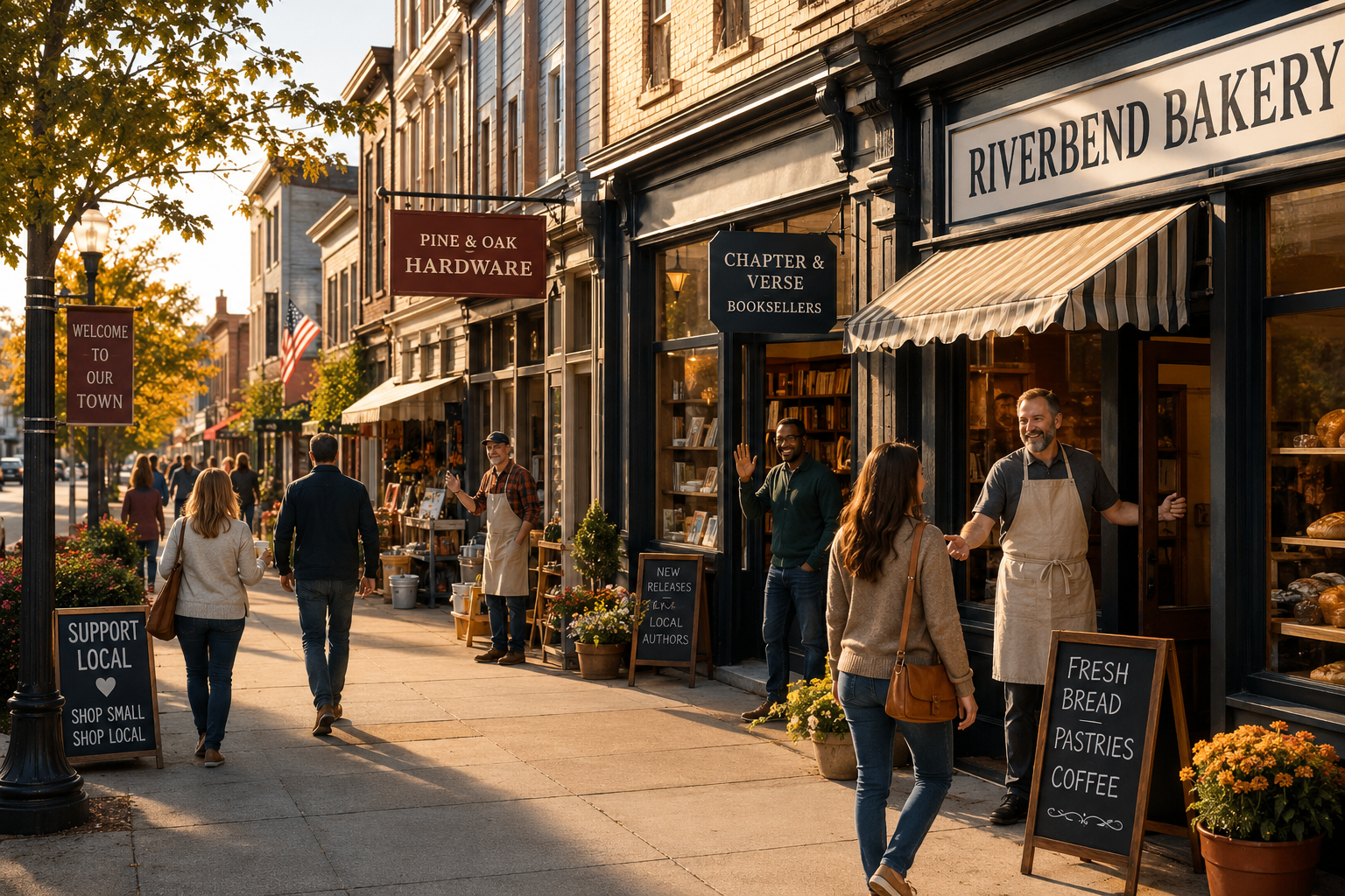 Bustling small-town main street with local bakery, bookstore, hardware store, shop owners greeting customers, and pedestrians walking in warm morning light.