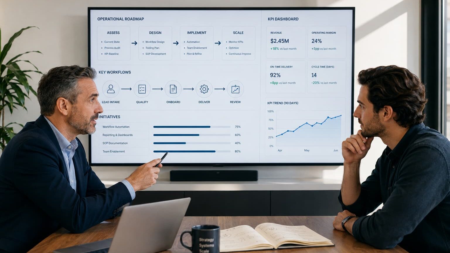 Fractional COO advisor and founder reviewing an operational roadmap and KPI dashboard on a large monitor during a business strategy meeting.