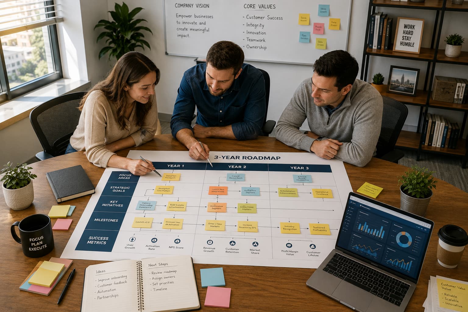 Founder and two U.S. team members reviewing a three-year business roadmap around a table in a modern office.