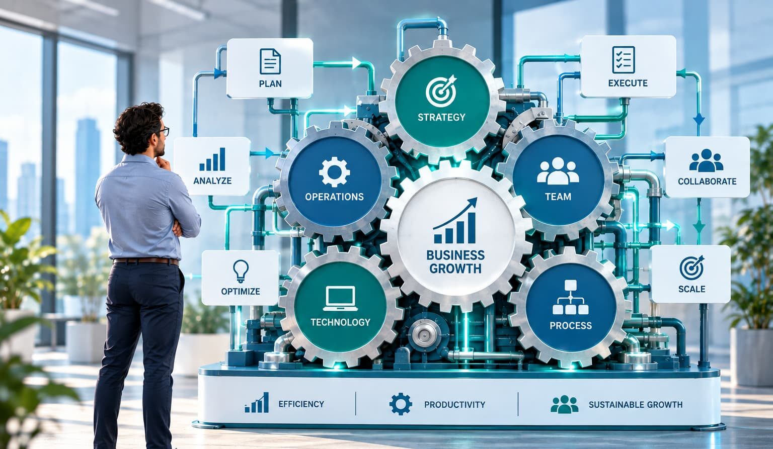 Founder observing interconnected gears representing strategy, operations, teamwork, technology, and processes driving business growth.