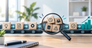 Business workflow with a bottleneck highlighted by a magnifying glass before the process moves toward growth.