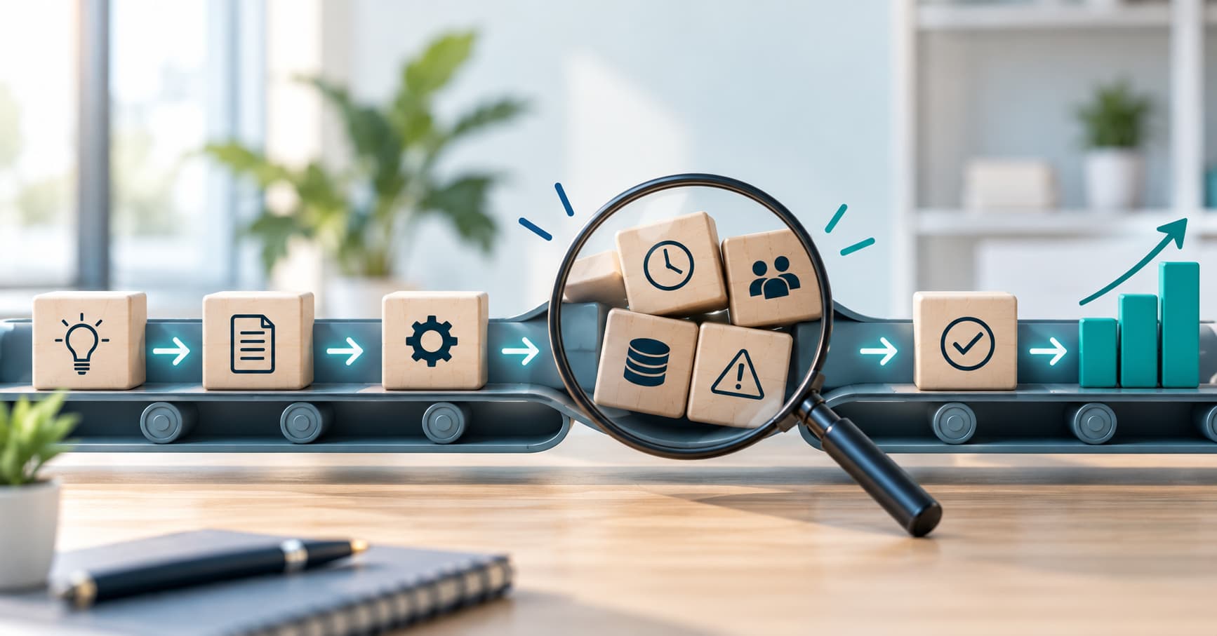 Business workflow with a bottleneck highlighted by a magnifying glass before the process moves toward growth.