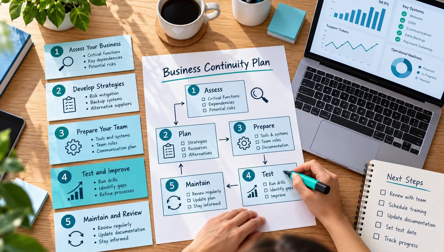 Overhead view of a founder organizing a business continuity plan with step-by-step cards, flowchart, laptop dashboard, and checklist on a wooden desk.