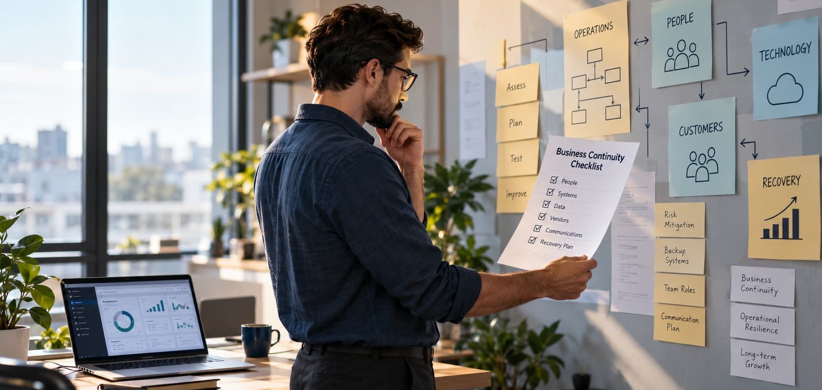 Small business founder reviewing a business continuity checklist beside process diagrams and system dashboards in a modern office.