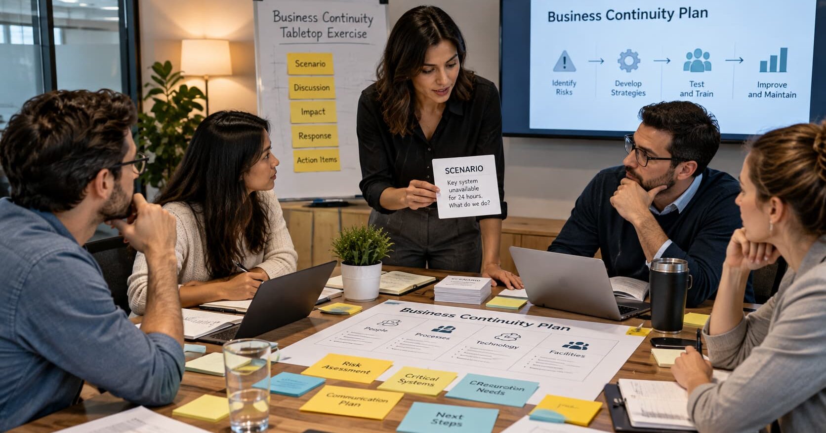 Small business team conducting a business continuity tabletop exercise around a conference table with laptops, plans, sticky notes, and a facilitator presenting a scenario card.