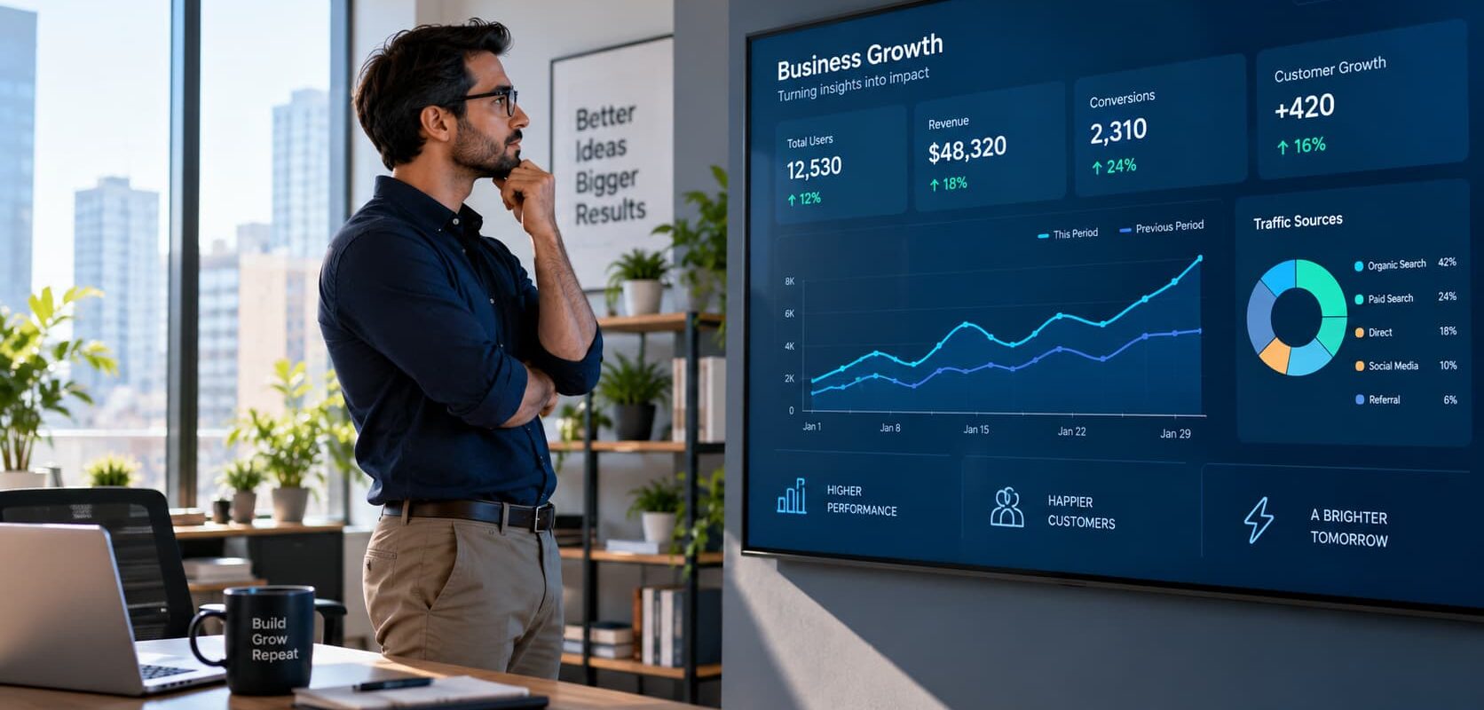 Small business founder reviewing a digital growth analytics dashboard in a modern office