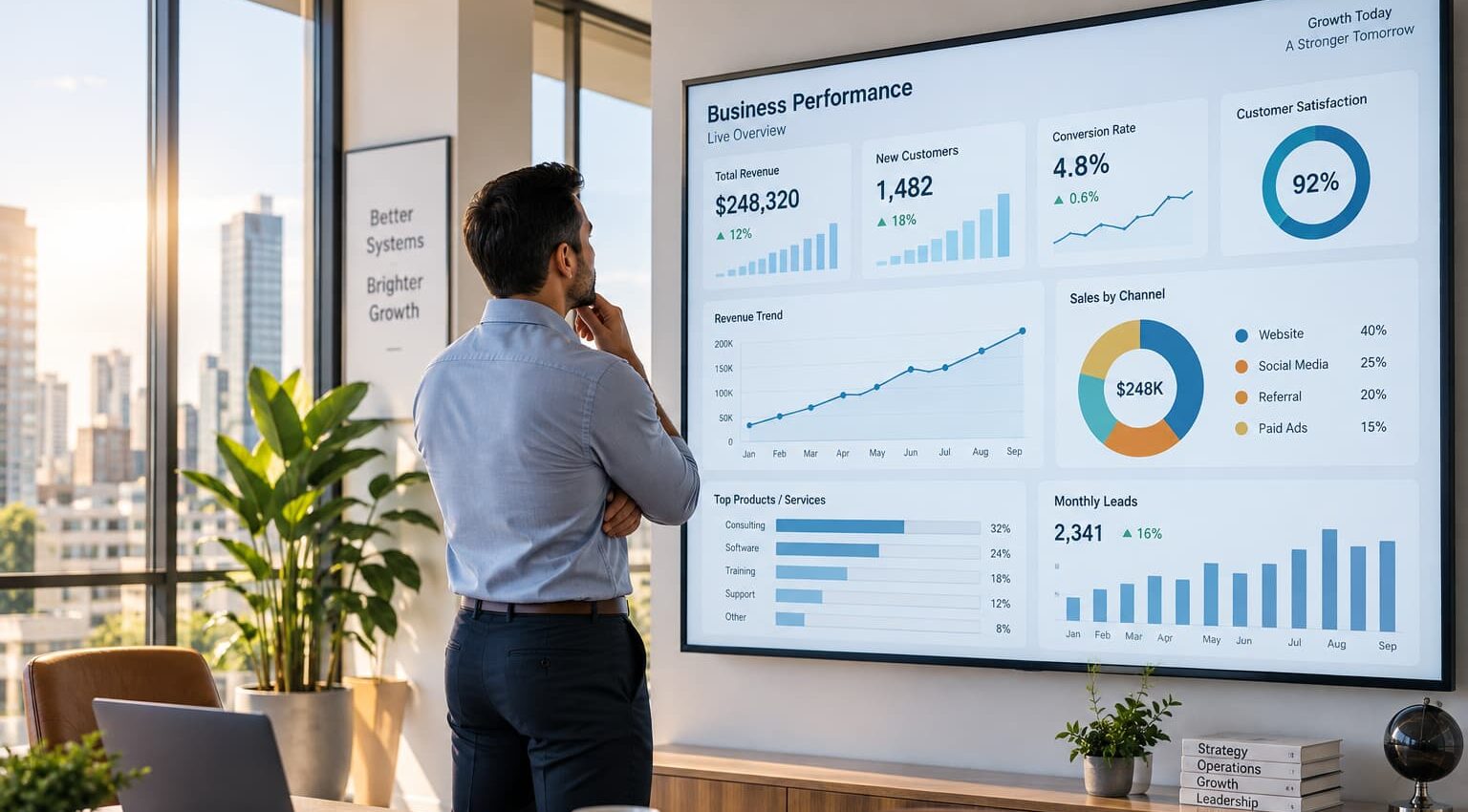 Small business founder reviewing a live KPI dashboard with business charts and performance metrics in a modern office.