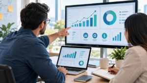 Business professionals analyzing performance metrics on laptop and monitor dashboards.