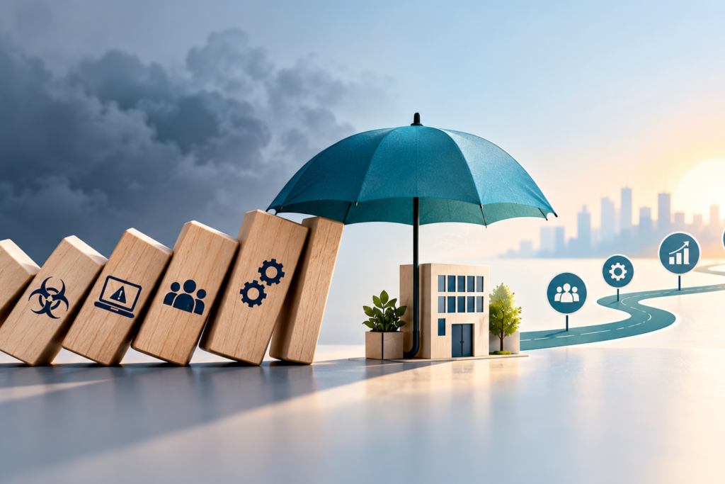 Business continuity planning illustration showing a protective umbrella shielding a business from falling risk blocks, with a road leading toward recovery and growth.