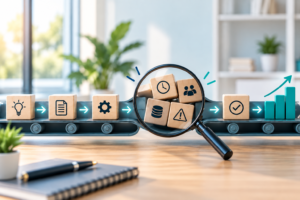 Business workflow with a bottleneck highlighted by a magnifying glass before the process moves toward growth.