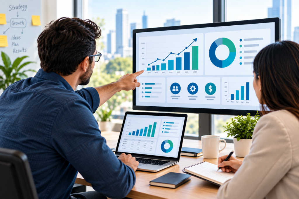 Business professionals analyzing performance metrics on laptop and monitor dashboards.Business professionals analyzing performance metrics on laptop and monitor dashboards.