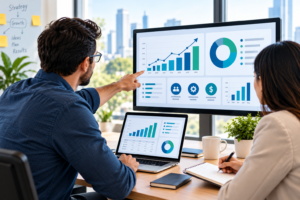 Business professionals analyzing performance metrics on laptop and monitor dashboards.Business professionals analyzing performance metrics on laptop and monitor dashboards.