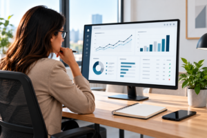 Business leader reviewing an operational KPI dashboard on a computer monitor