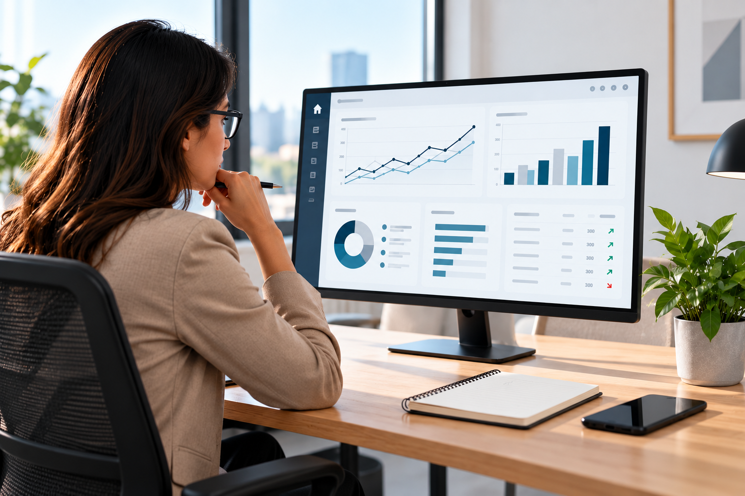 Business leader reviewing an operational KPI dashboard on a computer monitor