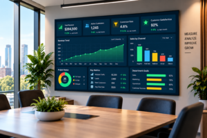 KPI business dashboard showing revenue growth, sales channels, customer metrics, project status, and department goals.