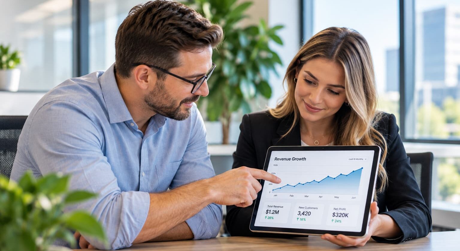 Manager and team member reviewing a KPI trend chart on a tablet in a modern office.