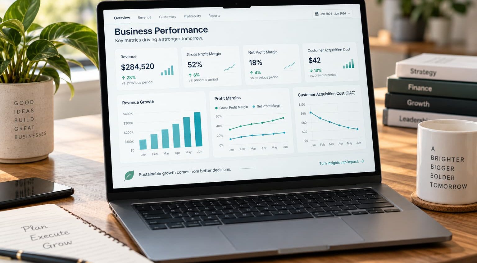 Laptop displaying financial charts for revenue growth, profit margins, and customer acquisition cost on a wooden desk