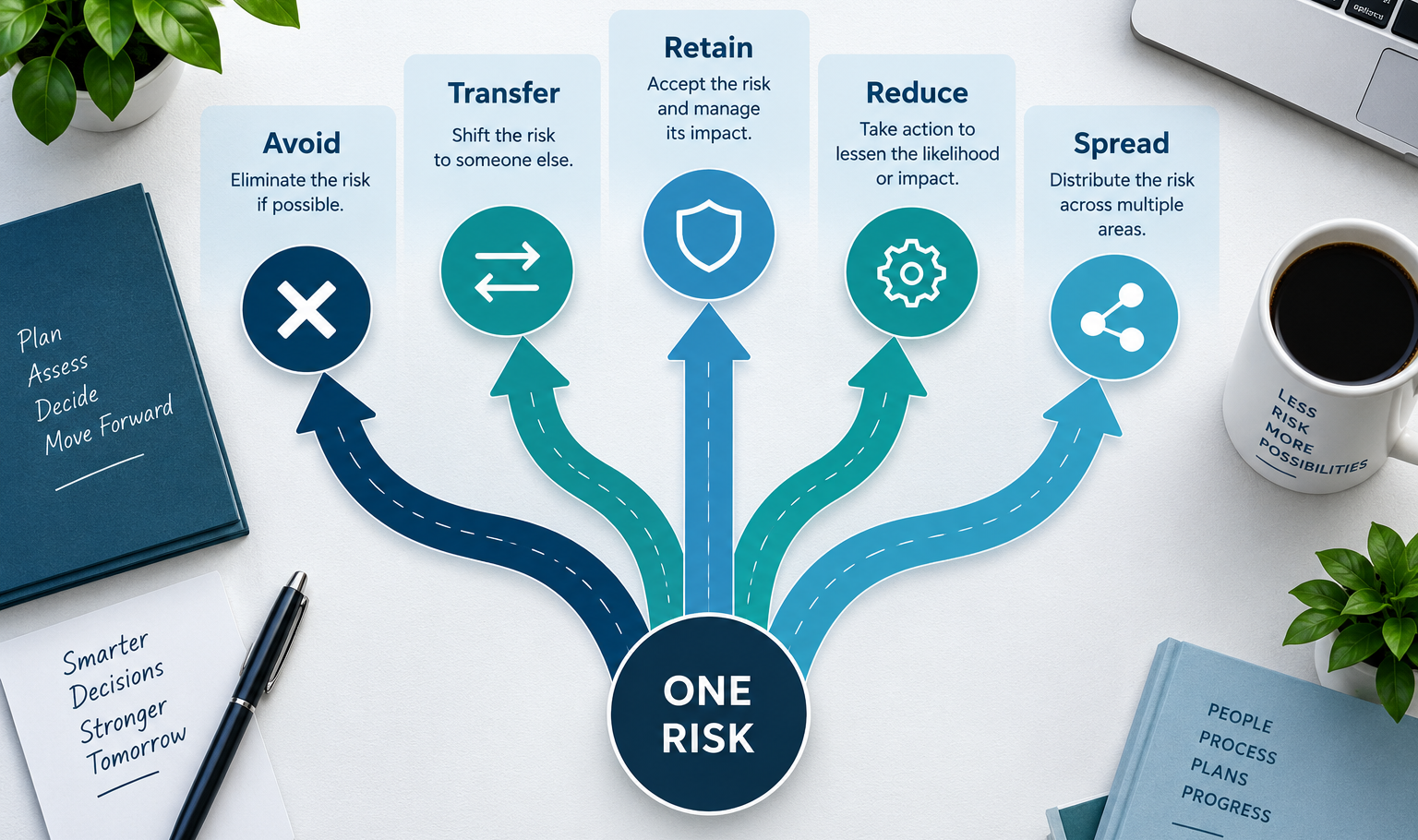 Infographic showing five risk management strategies: avoid, transfer, retain, reduce, and spread.