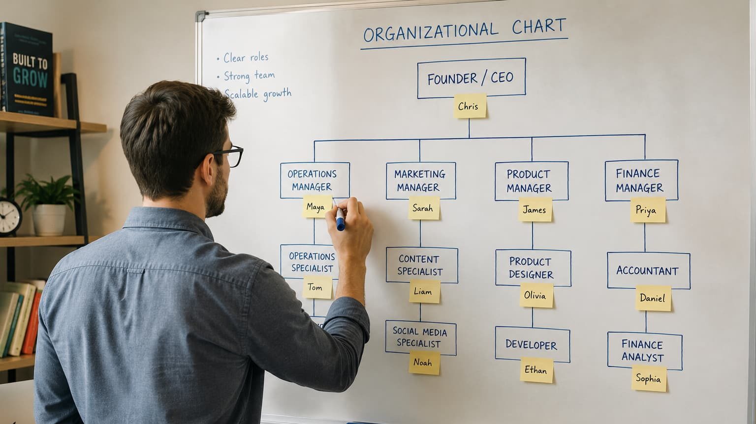Founder sketching an organizational chart with roles, reporting lines, and name-labeled sticky notes on a whiteboard.