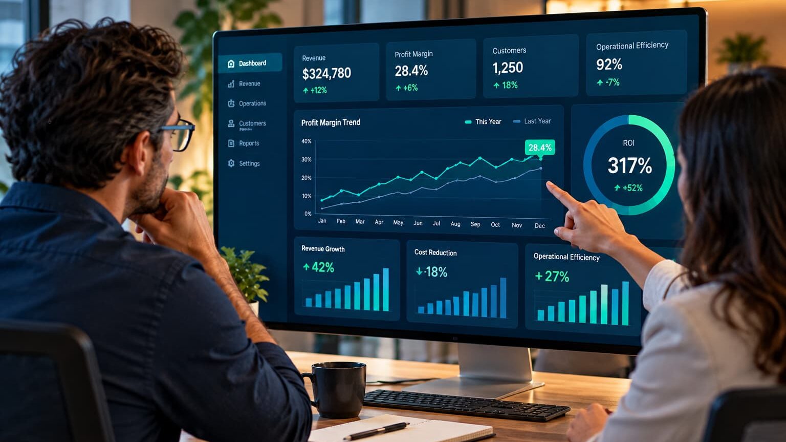 Founder and operations advisor reviewing profit margins, KPIs, and ROI on a large business analytics dashboard.