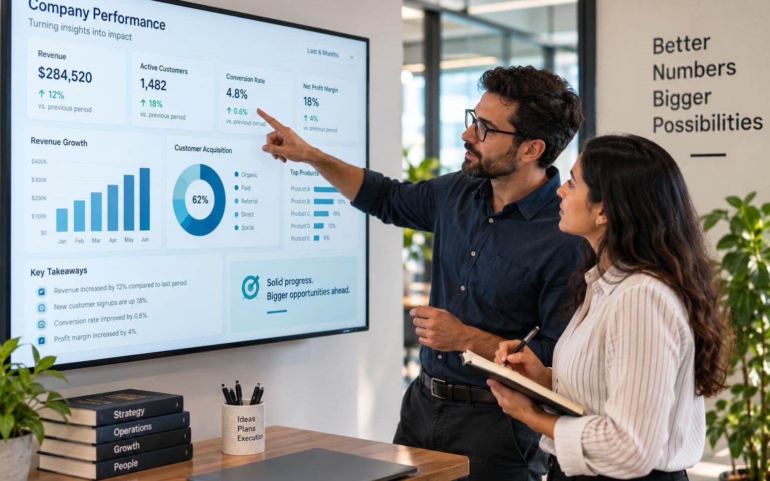 Founder and operations lead reviewing a wall-mounted business performance dashboard together