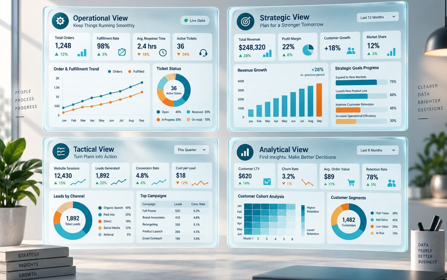 Four floating business dashboards in a horizontal 2×2 layout showing operational, strategic, tactical, and analytical metrics with charts and KPIs.