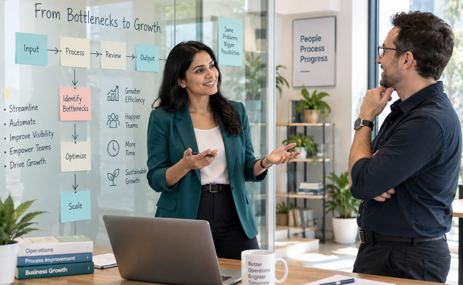 Female operations consultant discussing process improvements with a founder beside a glass wall covered in workflow diagrams.
