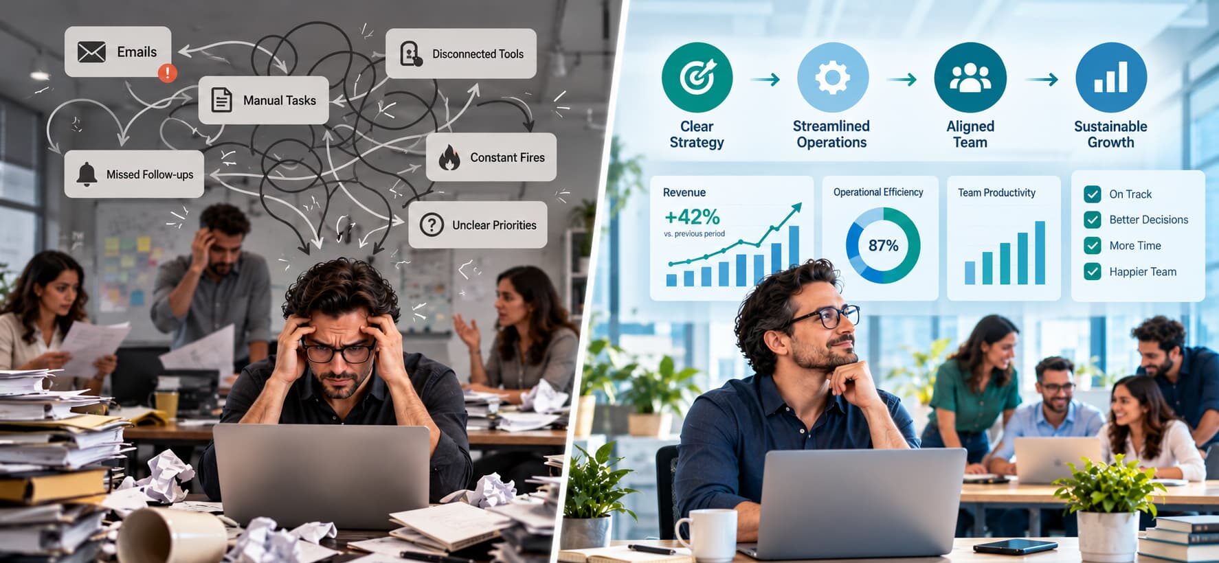 Split-screen illustration showing a chaotic business workflow on the left and organized operations with an aligned team on the right.