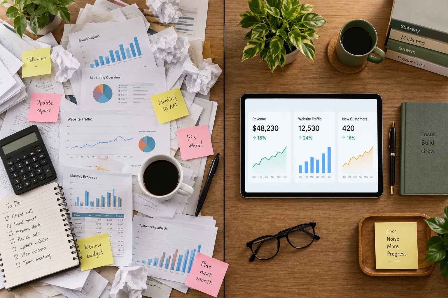 Split overhead view of a cluttered desk and organized tablet displaying three KPI graphs.