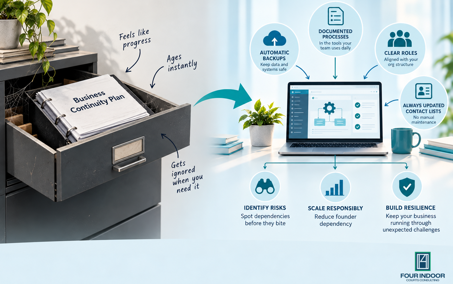 Infographic comparing an outdated printed business continuity plan in a filing cabinet with an integrated digital system featuring automated backups, documented processes, clear roles, and updated contact lists.