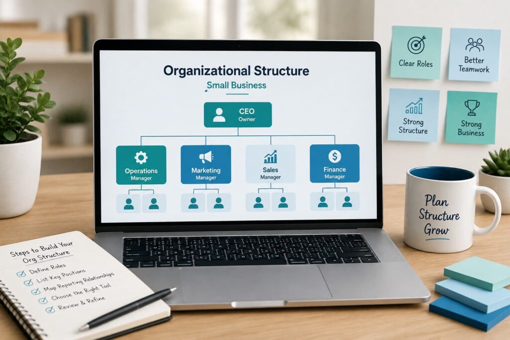 Laptop displaying an organizational structure chart for a small business with managers and team members.
