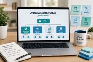 Laptop displaying an organizational structure chart for a small business with managers and team members.
