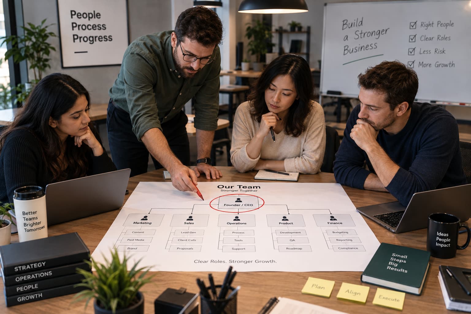 Small-business team reviewing an organizational chart with the central Founder/CEO role circled in red.