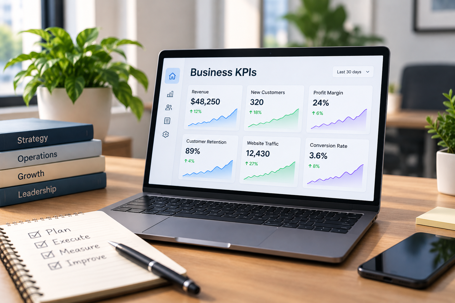 Laptop displaying a business KPI dashboard with revenue, customer, profit margin, retention, traffic, and conversion metrics