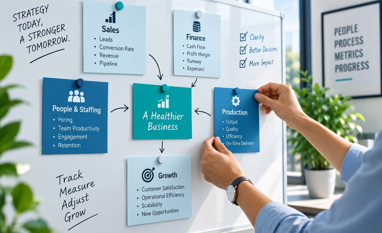 Hands arranging connected Sales, Finance, Production, People and Staffing, and Growth KPI cards on a whiteboard.
