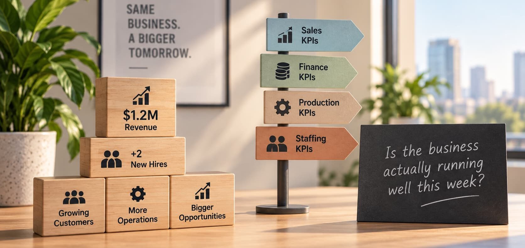 Conceptual image showing business growth blocks and signposts for sales, finance, production, and staffing KPIs.