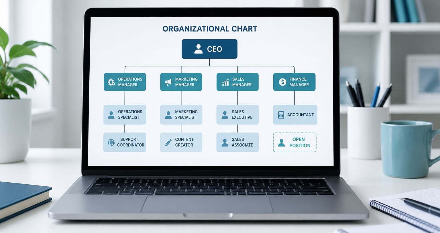 Laptop displaying a blue and teal organizational chart with connected roles and a dotted box marking an open position.