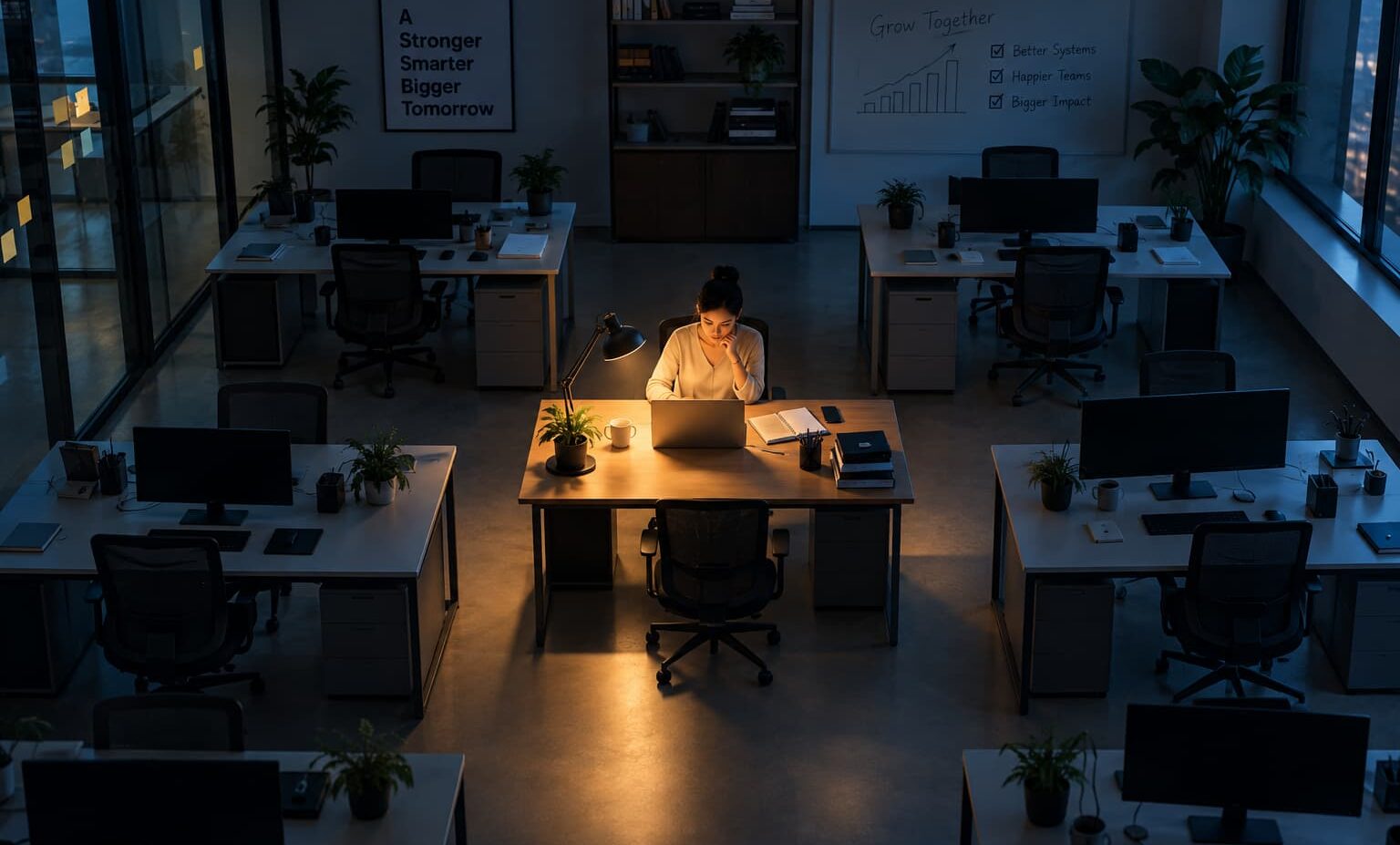 Modern office with one brightly lit central desk surrounded by empty workstations, symbolizing business dependency on one person.