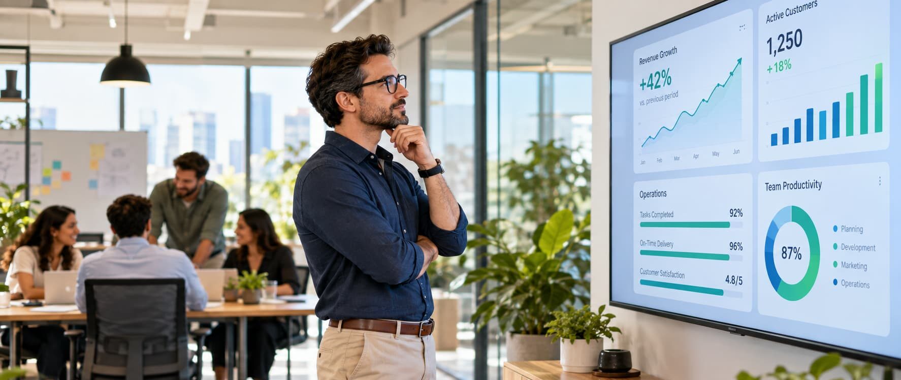 Small business founder reviewing growth and operational metrics on a wall-mounted dashboard in a modern office.