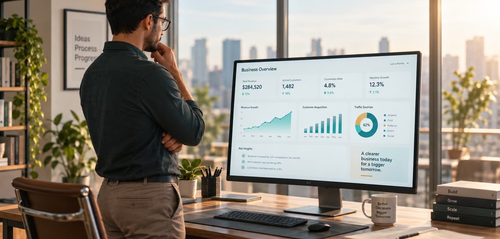 Small business founder reviewing a business performance dashboard on a large monitor in a modern sunlit office