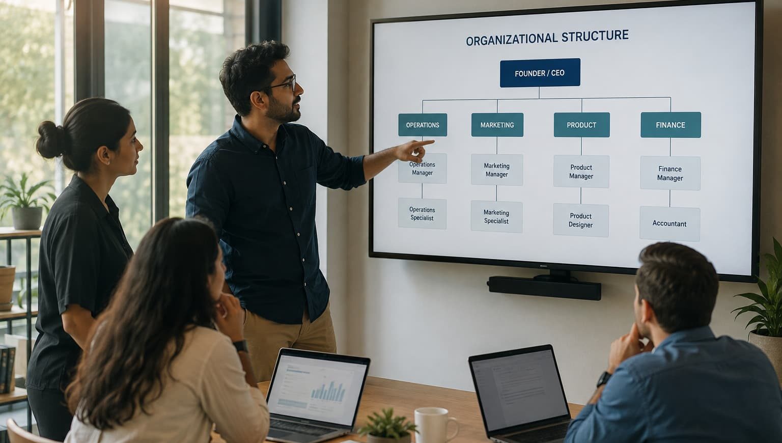 Small business founder and team reviewing an organizational chart on a wall-mounted digital display in a modern office.
