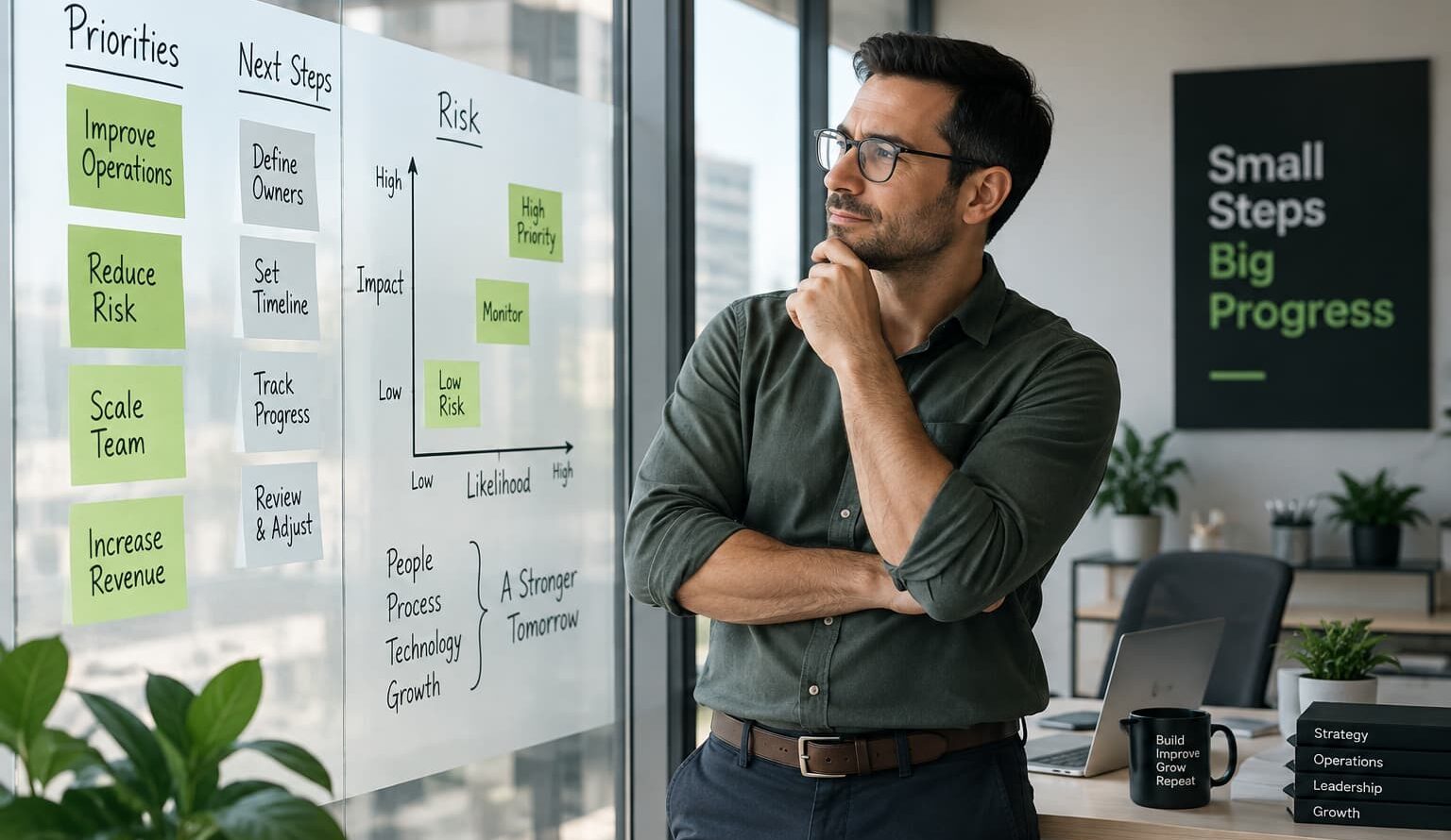Small-business owner reviewing priorities and a risk chart on a glass planning wall in a modern office.