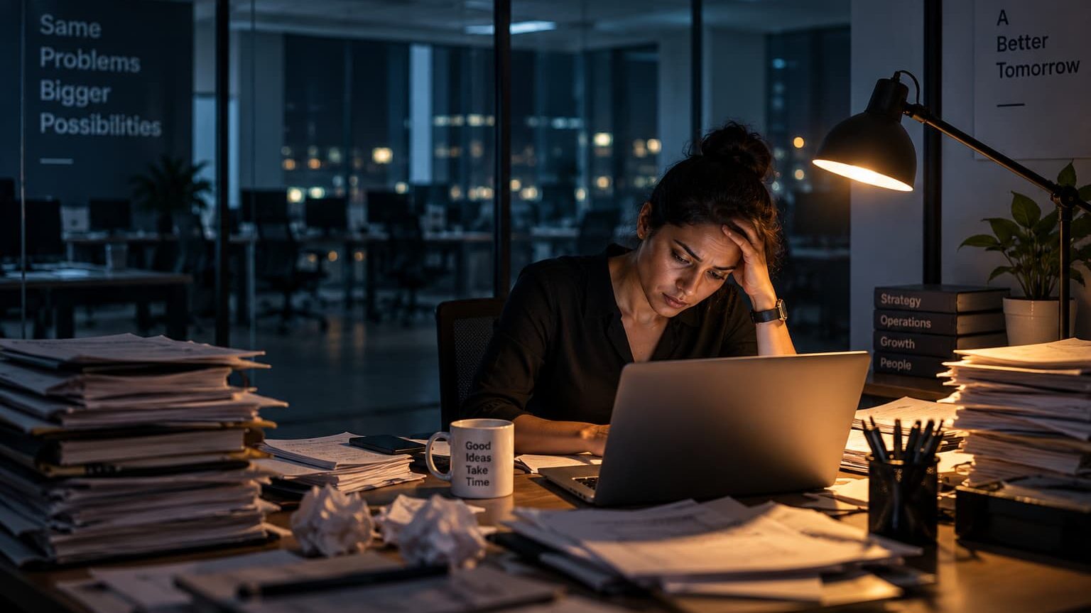 Tired business owner working late alone at a cluttered desk surrounded by paperwork and a laptop in a dim office.