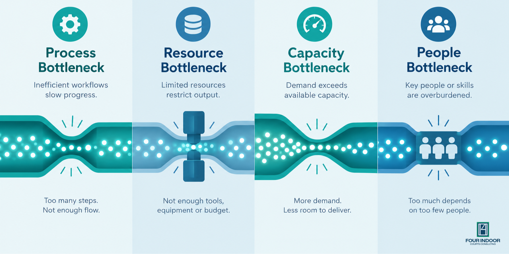 Infographic showing four types of bottlenecks: process, resource, capacity, and people, represented by narrowing pipelines.