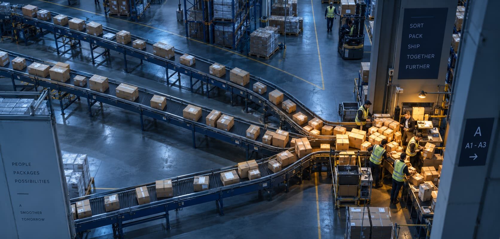 Overhead view of warehouse conveyors funneling packages into a congested bottleneck station