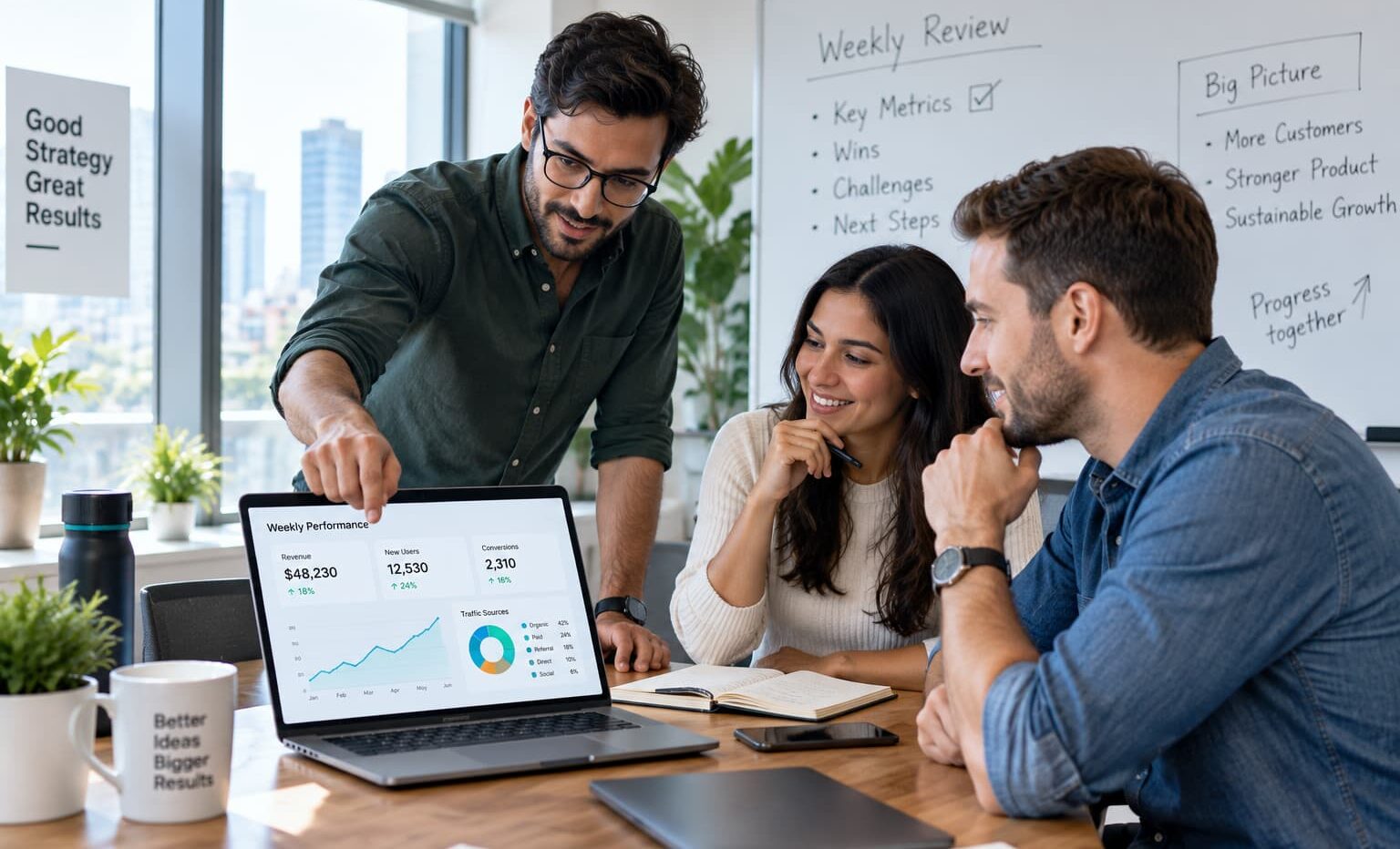 Three business leaders reviewing a KPI dashboard on a laptop during a weekly team meeting.