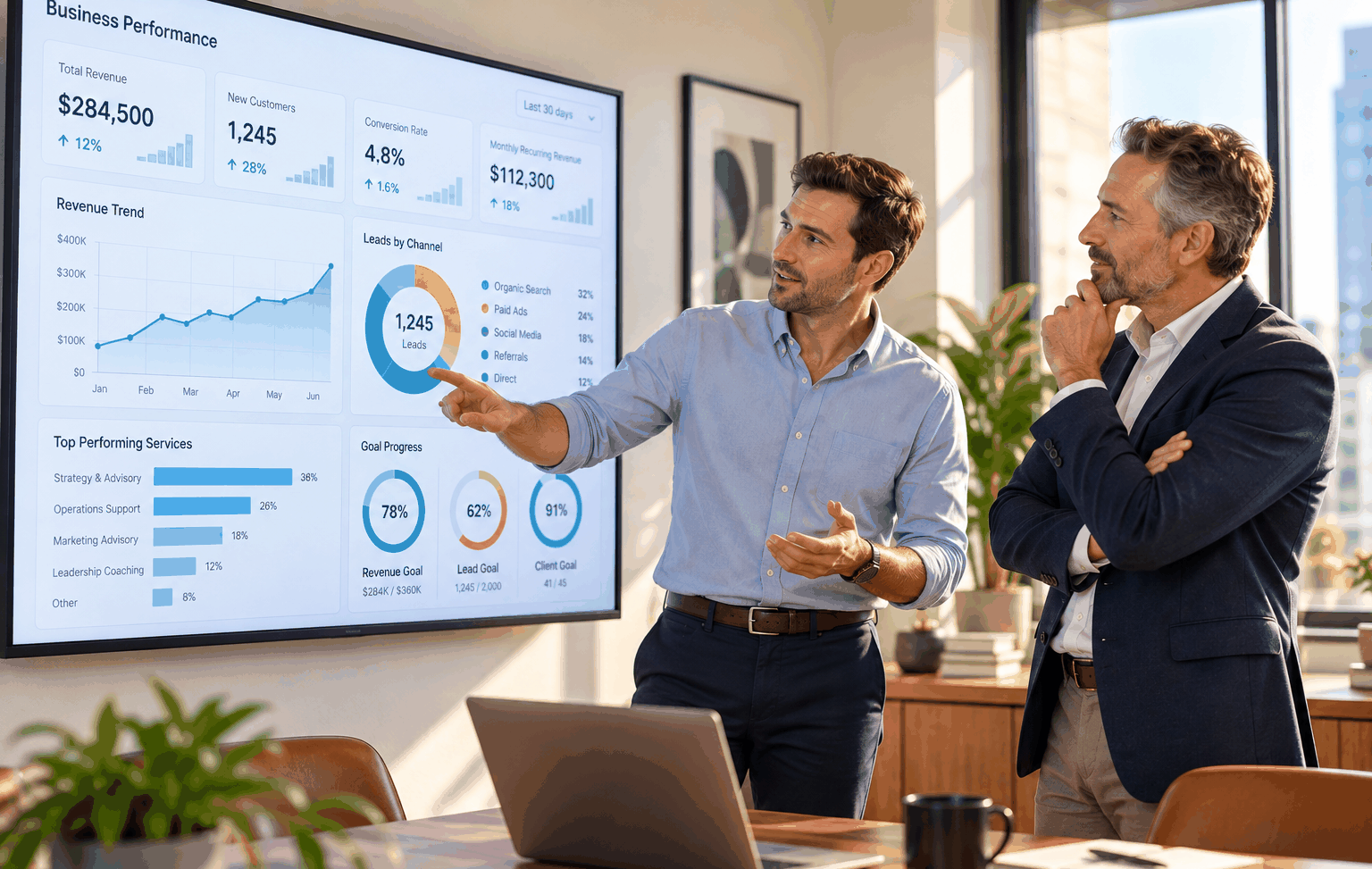 Two American business professionals reviewing revenue charts, lead generation metrics, and performance indicators on a wall-mounted KPI dashboard in a modern office.